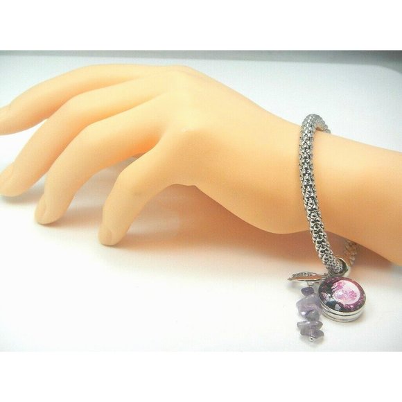 Amethyst Gemstone 5.5 mm dia. Stretch Bracelet 18 mm snap bead & charm-509 - Picture 7 of 7